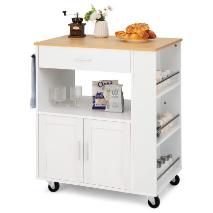 Giantex Kitchen Island on Wheels, Rolling Trolley Cart with 3 Spice Racks, 2-Door Cabinet - White