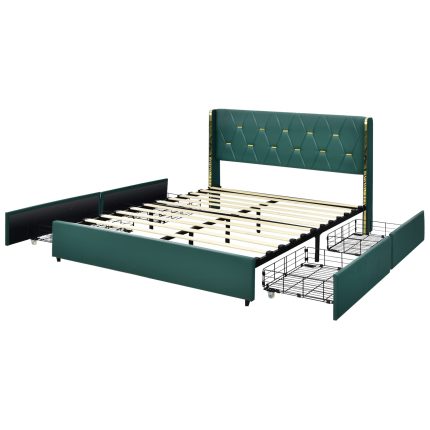 Giantex Upholstered Bed Frame with 4 Drawers - Queen Green