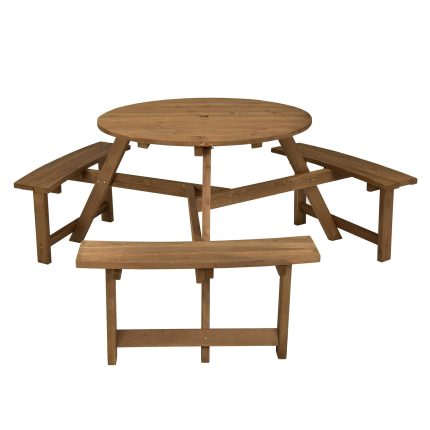 Giantex Wooden Picnic Table for 6 Person, Round Outdoor Table with 3 Benches, Umbrella Hole