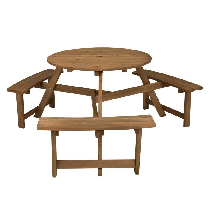 Giantex Wooden Picnic Table for 6 Person, Round Outdoor Table with 3 Benches, Umbrella Hole - Image 1