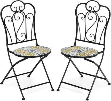 Giantex 2 Pieces Folding Bistro Chairs, Mosaic Patio Chairs with Ceramic Tiles Seat and Exquisite Floral Pattern - Yellow & Black