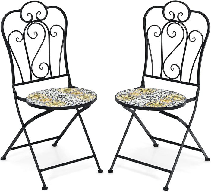 Giantex 2 Pieces Folding Bistro Chairs, Mosaic Patio Chairs with Ceramic Tiles Seat and Exquisite Floral Pattern - Yellow & Black - Image 1