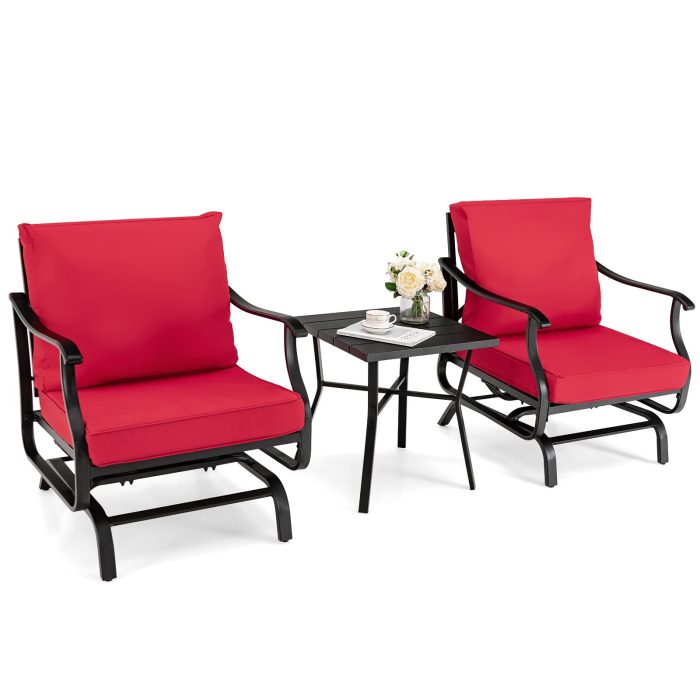 Giantex Bistro Set 3 Piece Outdoor Glider Set Rocking Chairs with Coffee Table (Red) - Image 1
