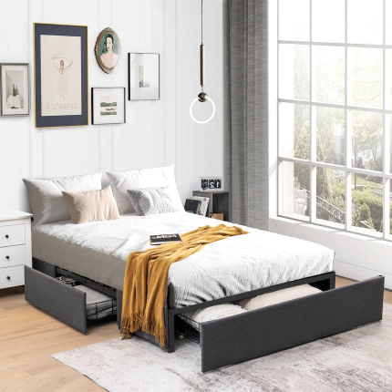 Full Size Platform Bed Frame with 3 Storage Drawers - Queen