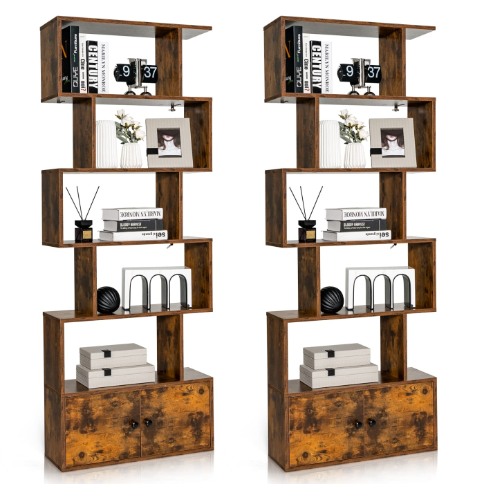 Giantex Set of 2 6-Tier Geometric Bookcase with Cabinet - 2 Rustic Brown - Image 1