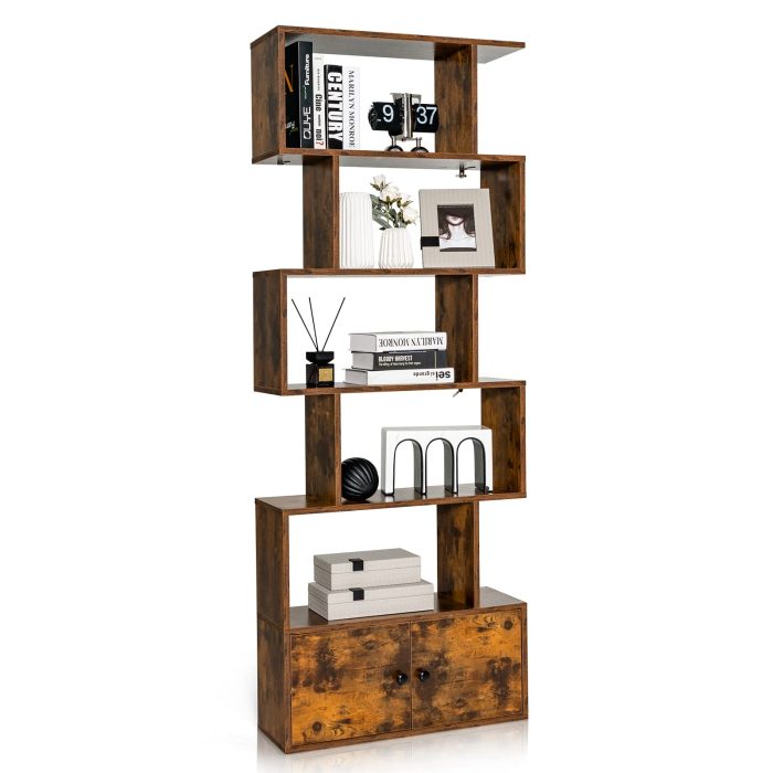 Giantex Set of 2 6-Tier Geometric Bookcase with Cabinet - 1 Rustic Brown - Image 1