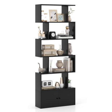 Giantex Set of 2 6-Tier Geometric Bookcase with Cabinet - 1 Black