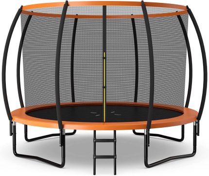 Giantex 8FT 10FT 12FT Trampoline with Enclosure, ASTM Approved Outdoor Large Trampoline with Ladder - 12FT Orange
