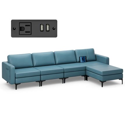 Giantex 4 Seat Convertible Sofa Couch, 123" L Sectional Sleeper with 2 or 1 USB Ports Socket - 4 Seat Chaise Lounge 1 USB Socket Blue