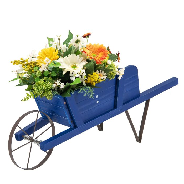 Giantex Wooden Wagon Planter, Small Wheelbarrow Wagon Flower, Indoor & Outdoor Raised Bed - Blue - Image 1