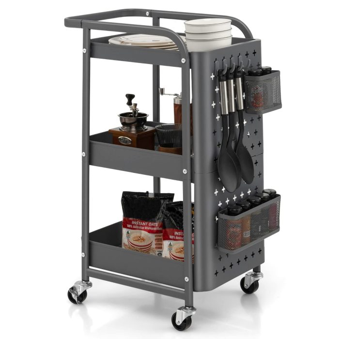Giantex 3-Tier Utility Cart, Rolling Storage Organizer w/ Pegboards, 2 Mesh Baskets, 4 Hanging Hooks, Art Craft Trolley - Gray - Image 1
