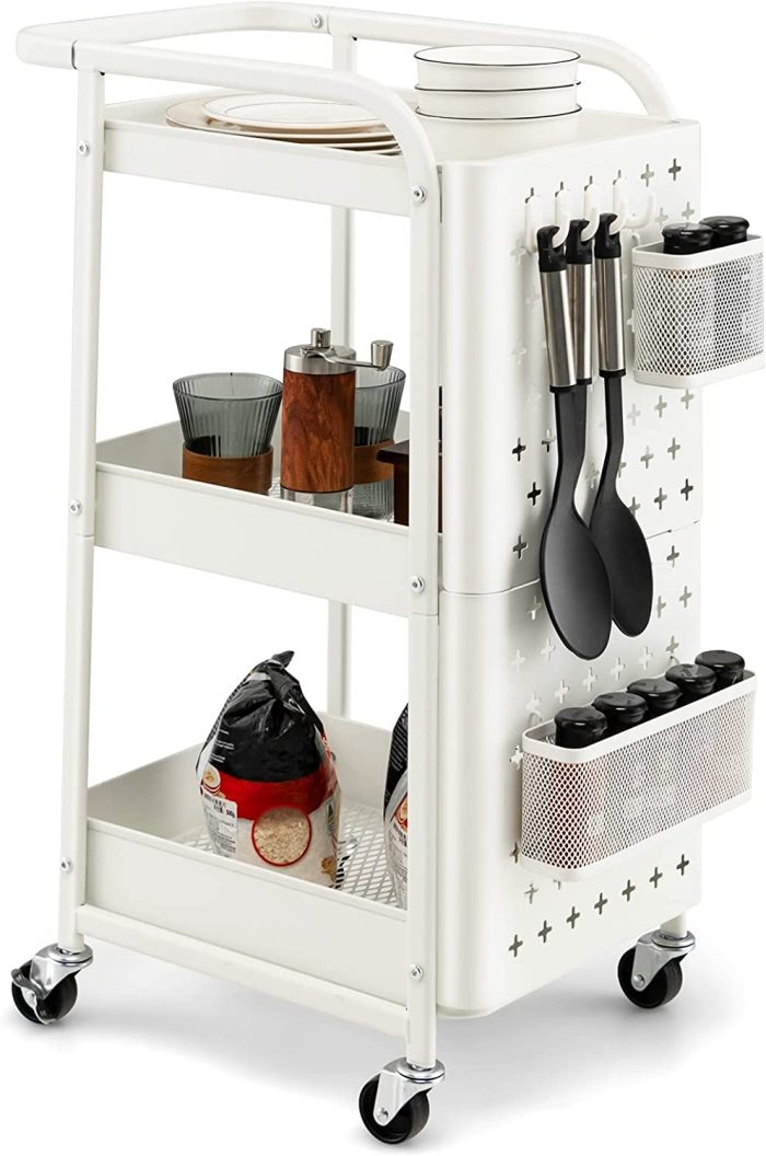 Giantex 3-Tier Utility Cart, Rolling Storage Organizer w/ Pegboards, 2 Mesh Baskets, 4 Hanging Hooks, Art Craft Trolley - White - Image 1