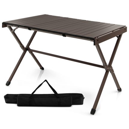Giantex Folding Camping Table, Aluminum Picnic Table for 4-6 Person - Brown
