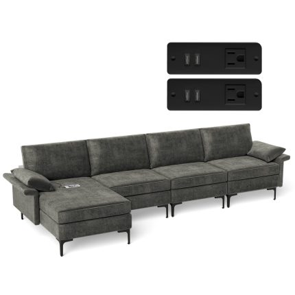 Giantex 130.5" L Convertible Sofa Couch, Sectional Sleeper - 4 Seat Chaise Lounge 2 USB Sockets Grey