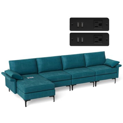 Giantex 130.5" L Convertible Sofa Couch, Sectional Sleeper - 4 Seat Chaise Lounge 2 USB Sockets Blue