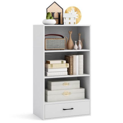 Giantex 4 Tier Bookcase with Drawer, 48" Tall Floor Standing Organizer Display Storage Shelves with Anti-toppling Device - White
