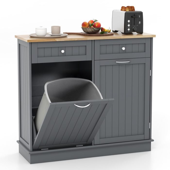 Giantex Kitchen Trash Cabinet, Kitchen Island with Tilt Out Garbage Bin - Grey - Image 1