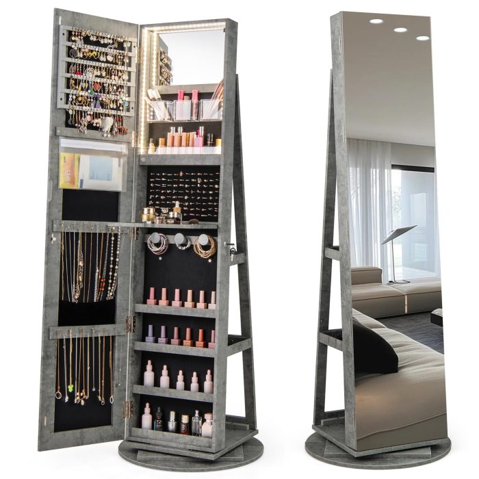 CHARMAID 63.5"H Jewelry Armoire with Full Length Mirror 360 Degree Swivel, 3-Color LED lights - Stone Grey - Image 1