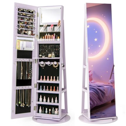 CHARMAID 63.5"H Jewelry Armoire with Full Length Mirror 360 Degree Swivel, 3-Color LED lights - Lavender