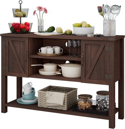 Giantex Buffet Sideboard, Farmhouse Wood Cupboard w/ 2 Storage Cabinets & 2-Tier Open Shelf - Brown