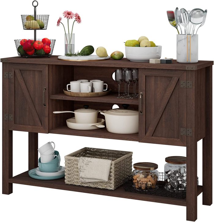 Giantex Buffet Sideboard, Farmhouse Wood Cupboard w/ 2 Storage Cabinets & 2-Tier Open Shelf - Brown - Image 1