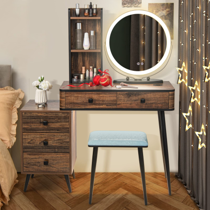CHARMAID Vanity Table Set with 3-Color Dimmable Lighted Mirror - Rustic Brown