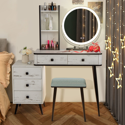 CHARMAID Vanity Table Set with 3-Color Dimmable Lighted Mirror - Marble White