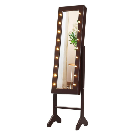 Standing Jewelry Armoire with 18 LED Lights Around the Door - Brown