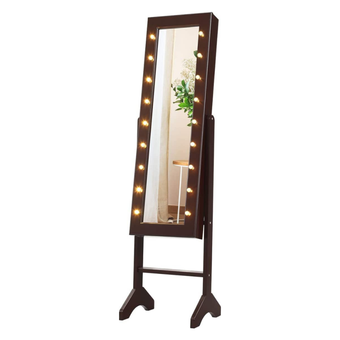 Standing Jewelry Armoire with 18 LED Lights Around the Door - Brown - Image 1