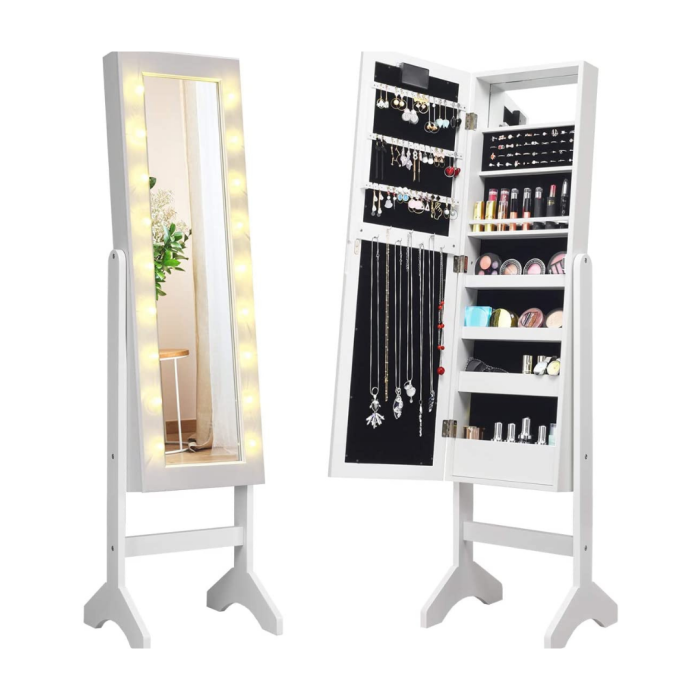 Standing Jewelry Armoire with 18 LED Lights Around the Door - White - Image 1