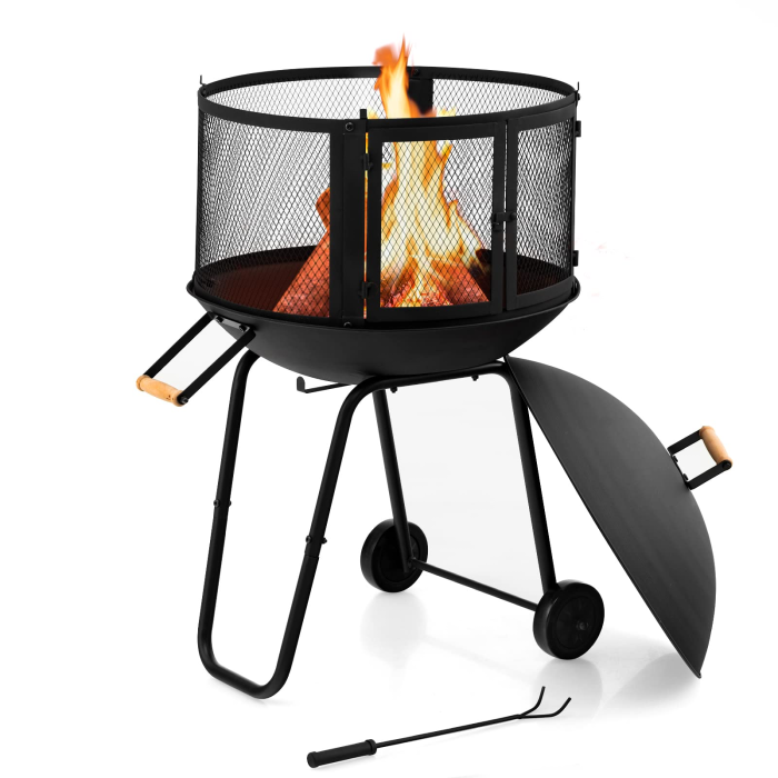 Giantex 28” Portable Fire Pit on Wheels - Mobile Wood Burning Firepit with Log Grate - Image 1