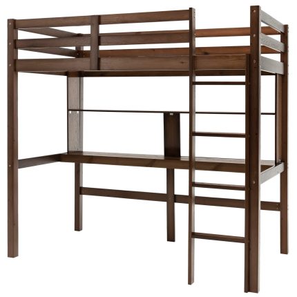 Giantex Twin Loft Bed with Desk and Bookshelf, Wooden Bed Frame with Safety Guardrail & Ladder - Brown