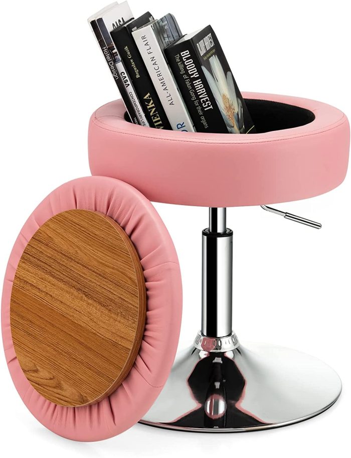 Giantex Adjustable Swivel Vanity Stool - 360° Swivel 20’’-26’’ Height Adjustable Tufted Round Storage Ottoman - Image 1