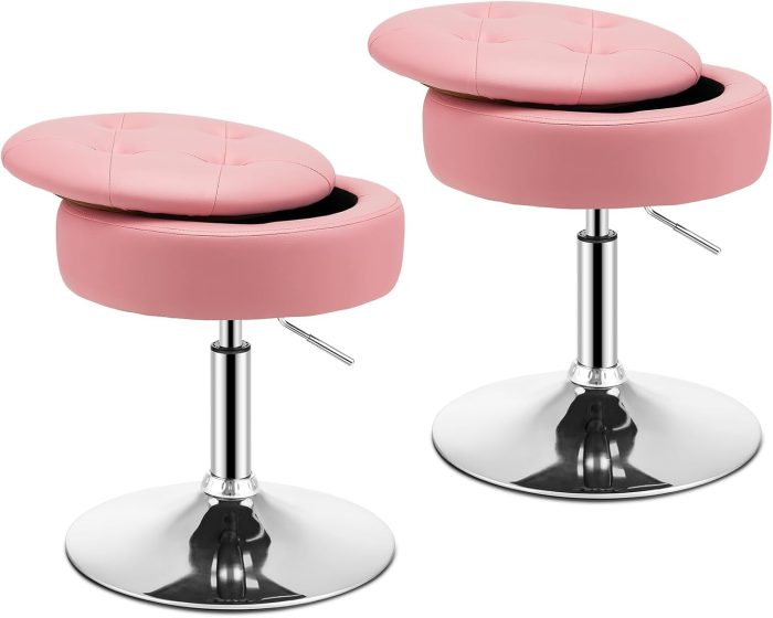Giantex Adjustable Swivel Vanity Stool - 360° Swivel 20’’-26’’ Height Adjustable Tufted Round Storage Ottoman - Image 1