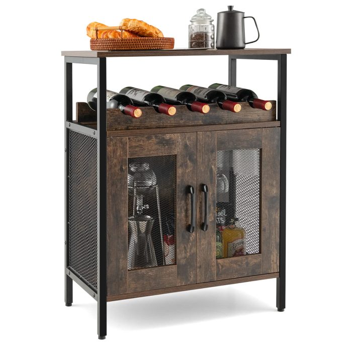 Giantex Wine Bar Cabinet, Industrial Liquor Cabinet with Glass Holder, Removable Wine Rack (Rustic Brown & Black) - Image 1