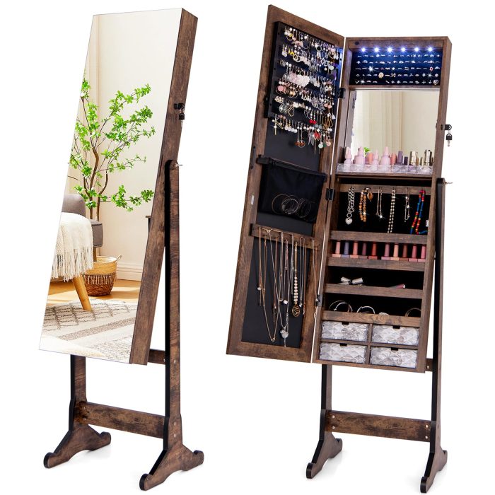 CHARMAID 6 LEDs Jewelry Cabinet Armoire with High Full length Mirror, Lockable Standing Jewelry Organizer Storage with lipstick Tray - Coffee - Image 1
