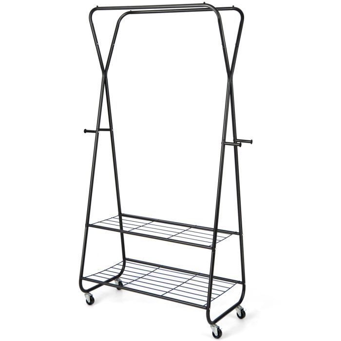 Giantex Metal Rolling Garment Rack, Clothing Rack with Wheels, Double Hanging Rods, 2 Shelves, 4 Hooks - Image 1