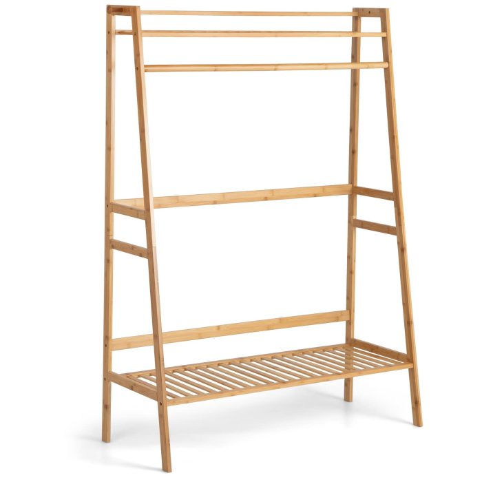 Giantex 3 Tier Bamboo Clothing Rack with Shelves, Heavy Duty Freestanding Clothes Organizer Rack with Coat Hooks - Image 1