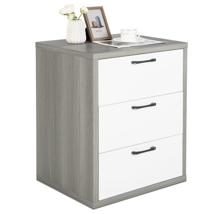 Giantex Storage Drawer Dresser - Wood End Table, Night Stand with 3 Drawers (1, White & Gray) - Image 1