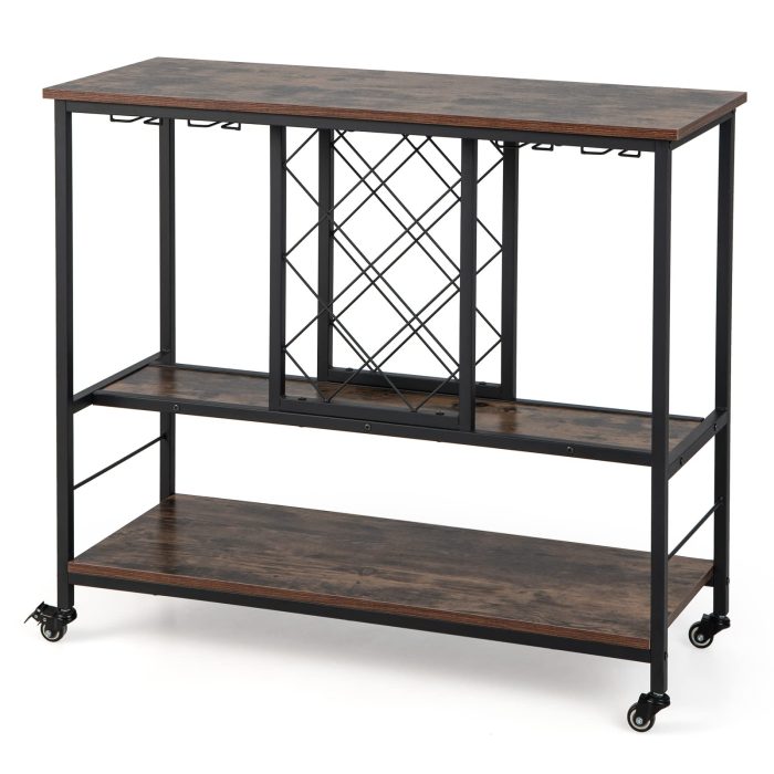 Giantex 3-Tier Wine Bar Cabinet - on Wheels, 8 Bottles Rack & 12 Glasses Hanger (Rustic Brown & Black) - Image 1