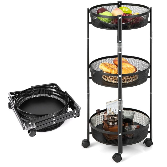Giantex 3-Tier Fruit Vegetable Basket - 35" One-Second Folding Metal Wire Storage Basket with Wheels - Image 1