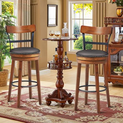 360-Degree Swivel Stools with Leather Padded Seat, Single Slat Ladder Back & Solid Rubber Wood Legs - 30.5 inch Set of 2