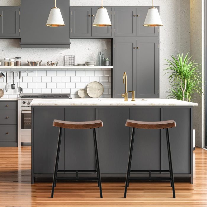 Industrial Saddle Stool with Footrest, Metal Legs, Adjustable Foot Pads, Backless Counter Height Chair for Living Room Kitchen Bar - 29 Inch Set of 2 - Image 1
