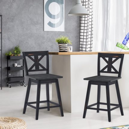 360 Degree Rubber Wood Bar Chairs, Vintage Bar Stools for Home, Restaurant & Pub - 24 inches Black Set of 2