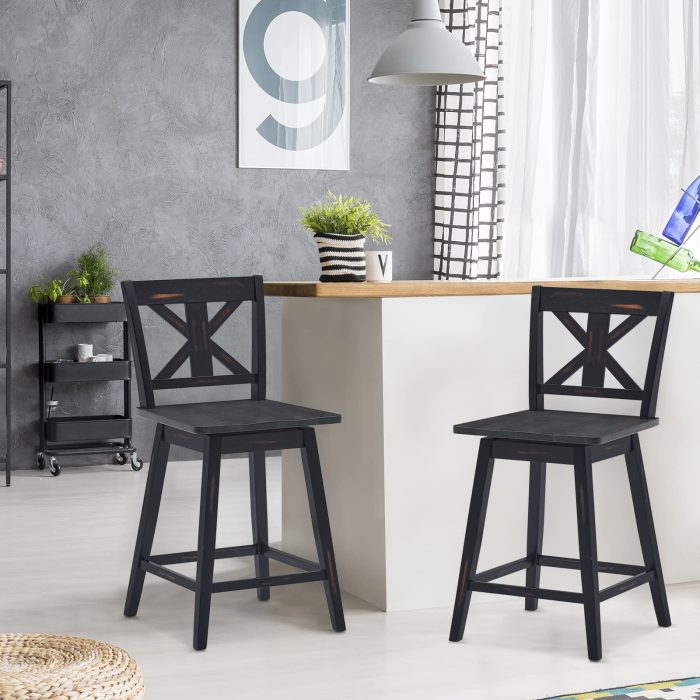 360 Degree Rubber Wood Bar Chairs, Vintage Bar Stools for Home, Restaurant & Pub - 24 inches Black Set of 2 - Image 1