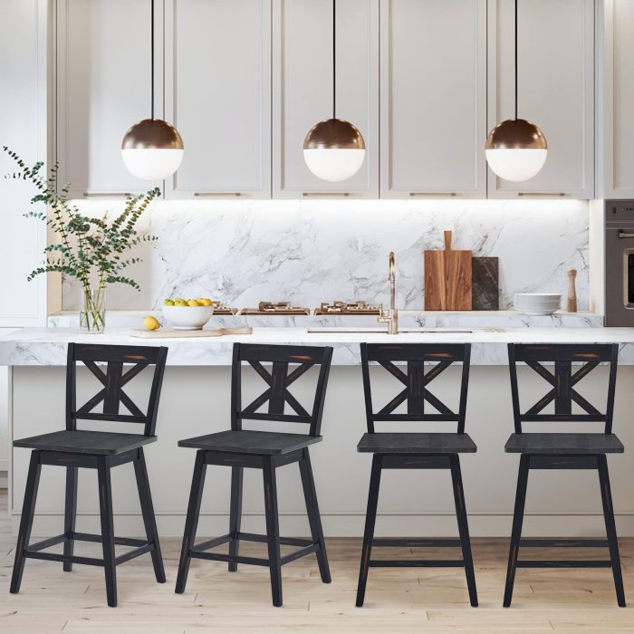 360 Degree Rubber Wood Bar Chairs, Vintage Bar Stools for Home, Restaurant & Pub - 24 inches Black Set of 4 - Image 1
