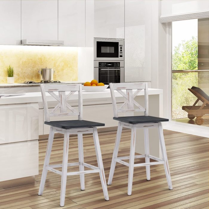 360 Degree Rubber Wood Bar Chairs, Vintage Bar Stools for Home, Restaurant & Pub - 24 inches White Set of 2 - Image 1