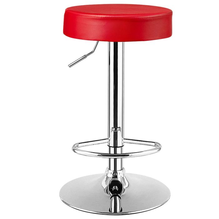 Modern Swivel Backless Round Barstool, PU Leather Armless bar Chair with Height Adjustable, Chrome Footrest - Red Set of 1 - Image 1