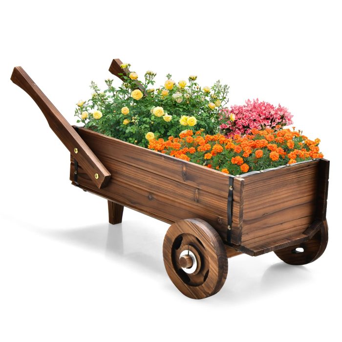 Giantex Wooden Wagon Planter Box, Decorative Wagon Cart with Wheels, Handles - Image 1