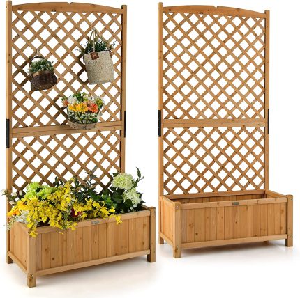 Giantex Planter Raised Bed with Trellis, 71inch Wooden Garden Bed, High Trellis for Plant Flower Climbing Pot - 2 35.5"Lx17.5"Wx71"H